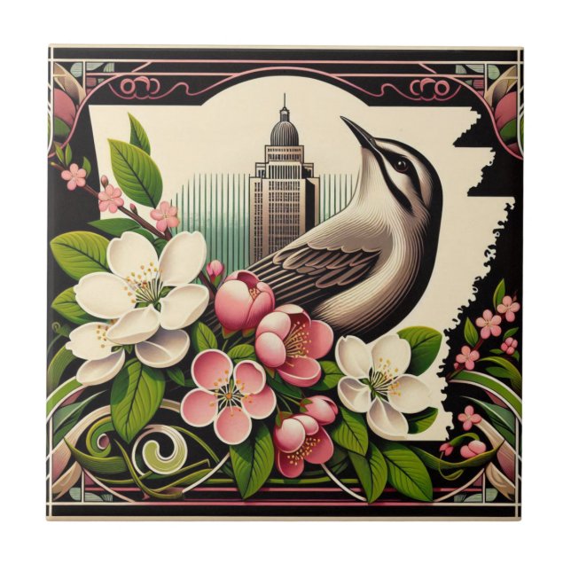Arkansas State Flower and Bird Blue Pink Tile (Front)