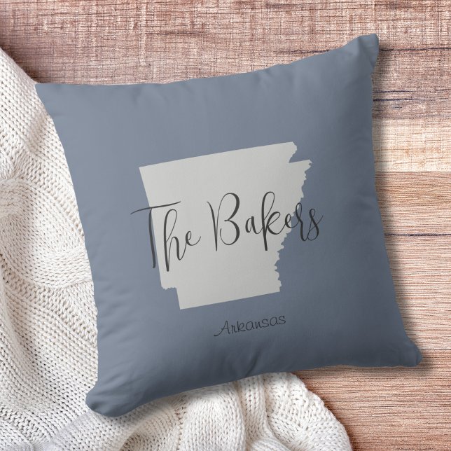 Arkansas State Outline Family Name Throw Pillow (Show pride for your state and personalize it!  "love makes this house a home in <your state>")