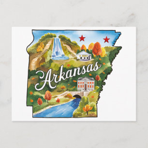 Arkansas USA State Shaped Vintage Watercolor Postcard