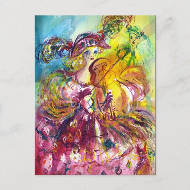 ARLECCHINA VIOLINIST Mardi Gras Masquerade Party Invitation Postcard (Front)