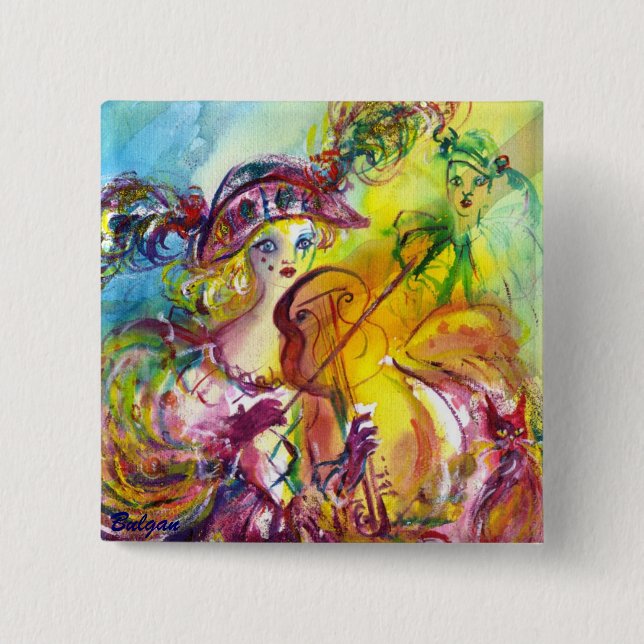 ARLECCHINA  VIOLINIST / Venetian Carnival Night 15 Cm Square Badge (Front)