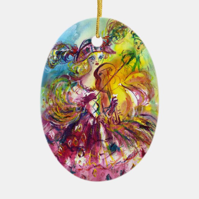ARLECCHINA  VIOLINIST / Venetian Carnival Night Ceramic Tree Decoration (Front)