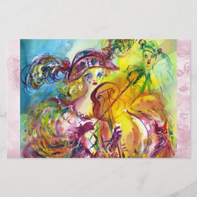 ARLECCHINA  VIOLINIST / Venetian Carnival Night Stationery (Front)