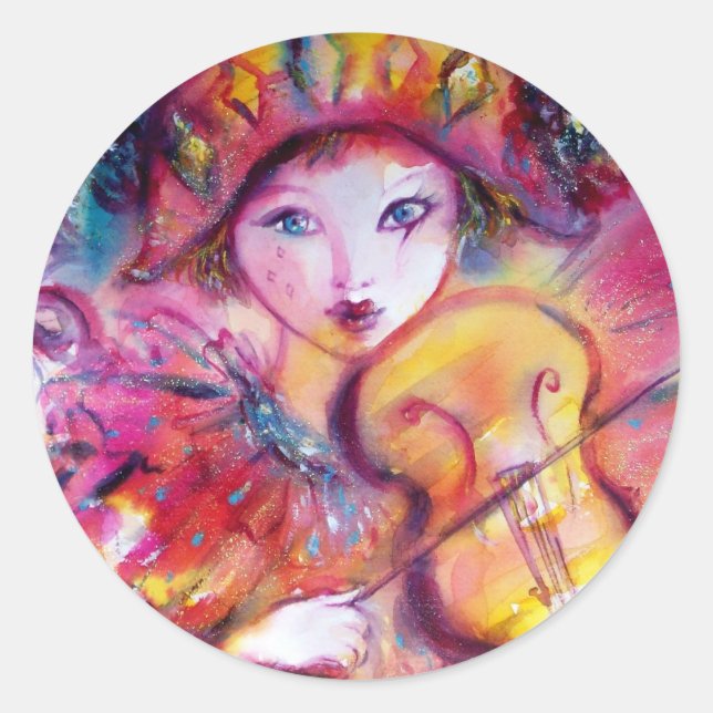 ARLECCHINO AND COLOMBINA ,Pink Fuchsia Yellow Blue Classic Round Sticker (Front)