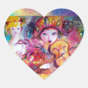 ARLECCHINO AND COLOMBINA ,Pink Fuchsia Yellow Blue Heart Sticker