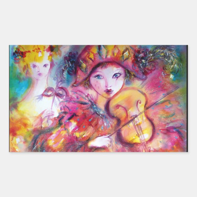 ARLECCHINO AND COLOMBINA ,Pink Fuchsia Yellow Blue Rectangular Sticker (Front)