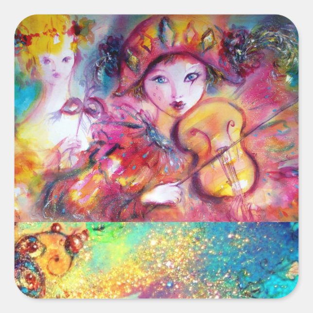 ARLECCHINO AND COLOMBINA ,Pink Fuchsia Yellow Blue Square Sticker (Front)
