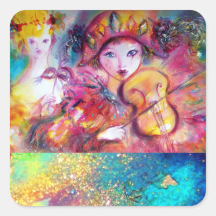 ARLECCHINO AND COLOMBINA ,Pink Fuchsia Yellow Blue Square Sticker