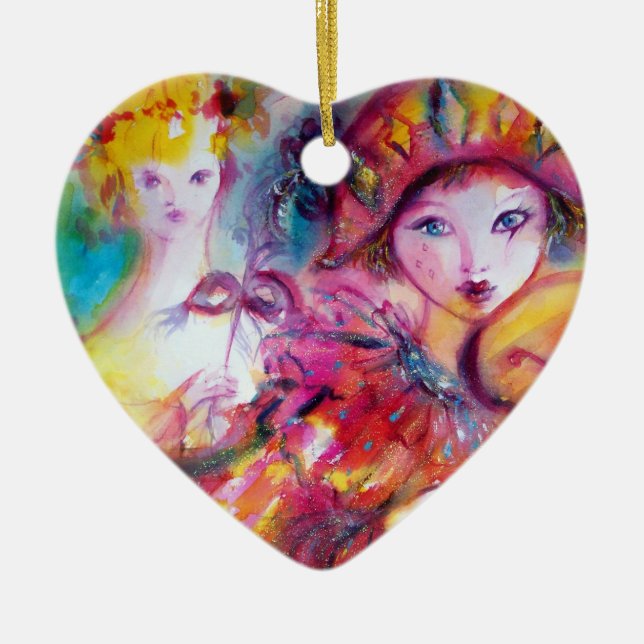 ARLECCHINO AND COLOMBINA pink red Heart Ceramic Tree Decoration (Front)
