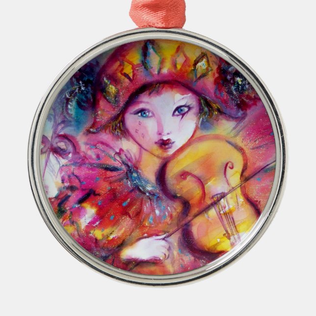 ARLECCHINO AND COLOMBINA pink red Heart Metal Tree Decoration (Front)