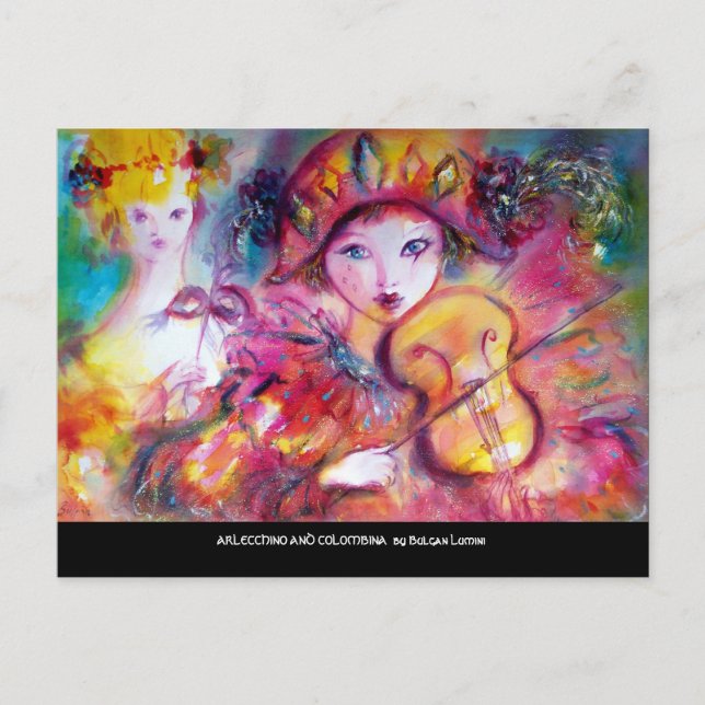 ARLECCHINO AND COLOMBINA Venetian Masquearde Masks Invitation Postcard (Front)
