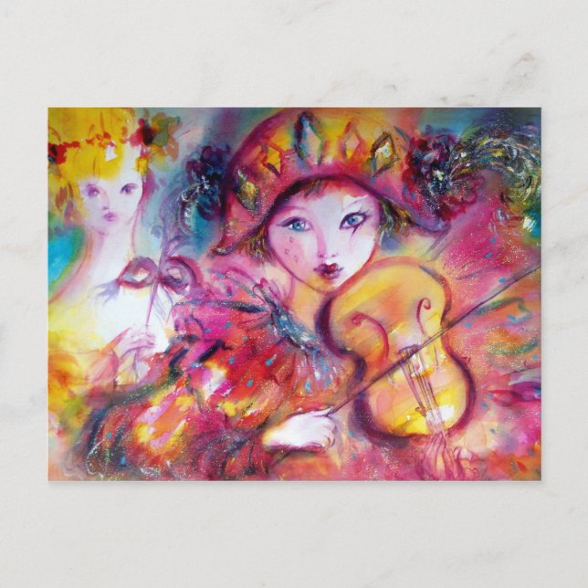 Arlecchino Playing Violin and Colombina Postcard (Front)