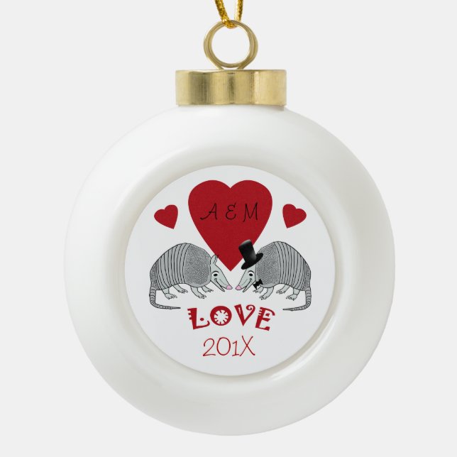 Armadillos in Love Christmas Keepsake Ceramic Ball Christmas Ornament (Front)