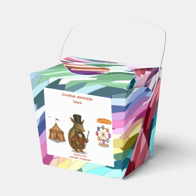 Armand, armadillo ringmaster favour box (Front Side)