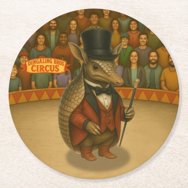 Armand, armadillo ringmaster round paper coaster (Front)