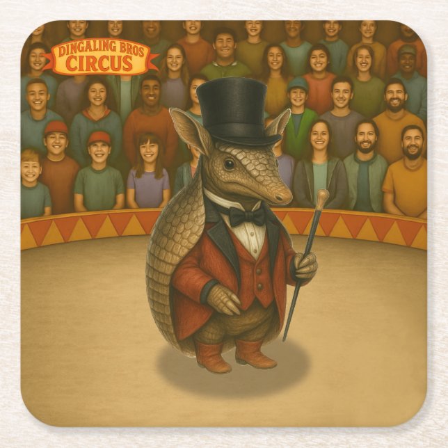 Armand, armadillo ringmaster square paper coaster (Front)