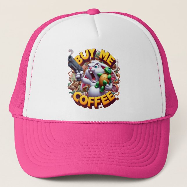Armed Bunny and Turtle Duel Buy Me A Coffee Trucker Hat (Front)