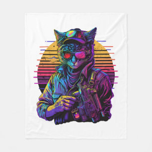 Armed Cat in Night City Cyberpunk Game Fleece Blanket