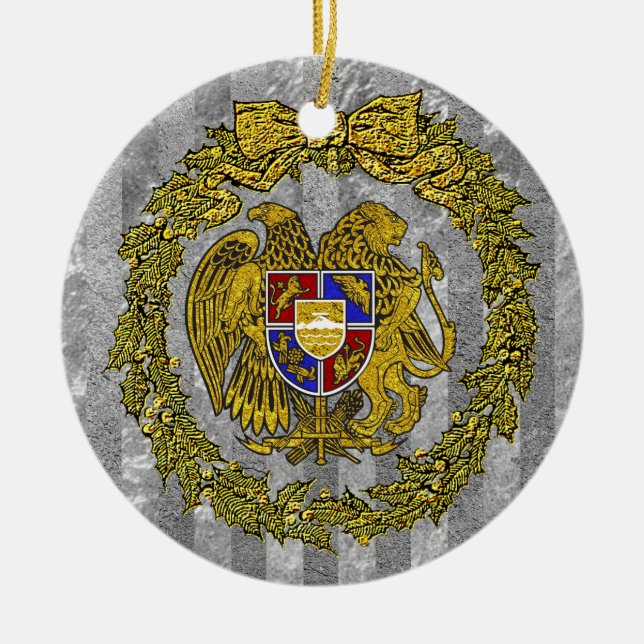 Armenia Coat of Arms Silver Gold Holly Ceramic Tree Decoration (Front)