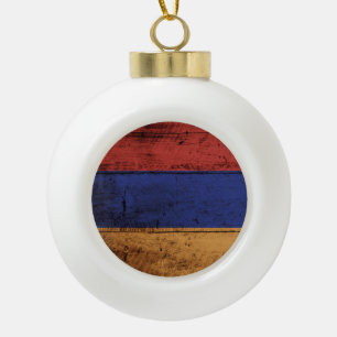 Armenia Flag on Old Wood Grain Ceramic Ball Christmas Ornament
