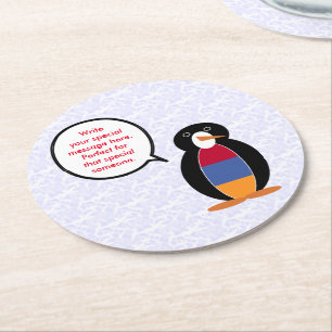 Armenian Flag Holiday Ms. Penguin Talking Round Paper Coaster