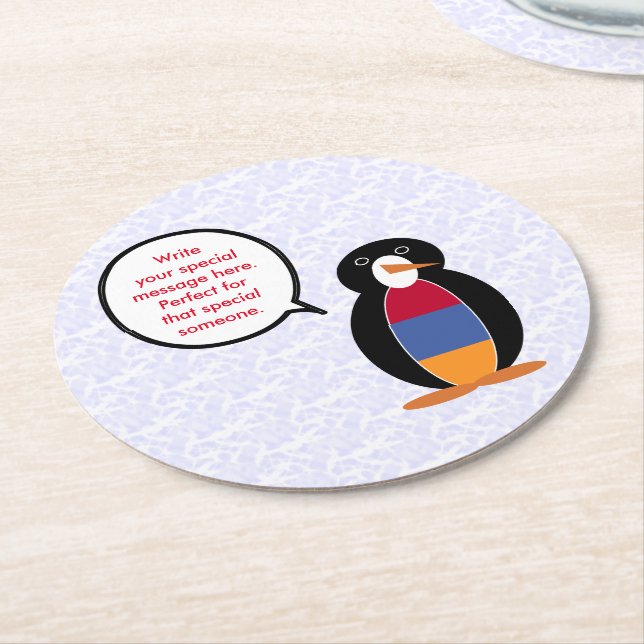 Armenian Flag Holiday Ms. Penguin Talking  Round Paper Coaster (Angled)