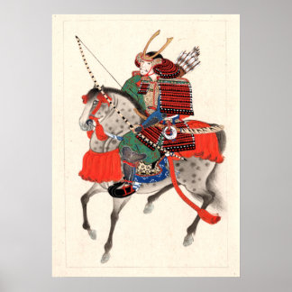 armor and horned helmet, Samurai on horseback Poster