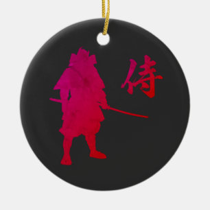 Armored Samurai Warrior with Japanese Calligraphy  Ceramic Tree Decoration