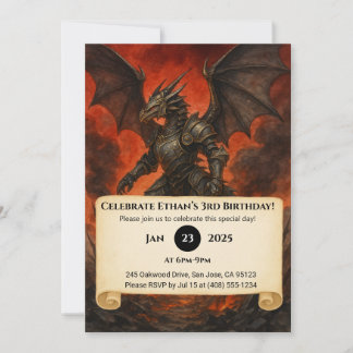 Armoured Black Dragon Warrior Birthday Invitation