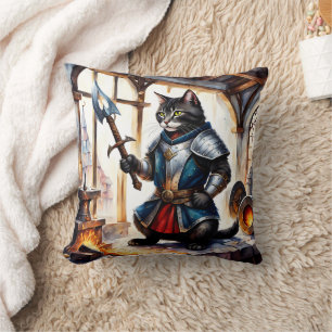 Armoured Cat Holding Spear in Blacksmith Workshop Cushion