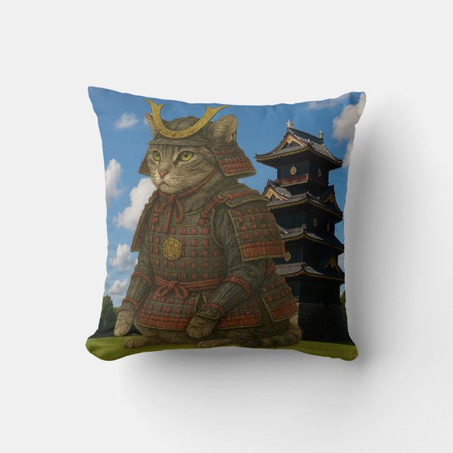 Armoured Cat Warrior Illustration Cushion (Front)