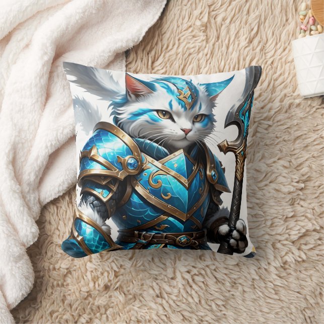 Armoured Cat Warrior in Blue Armour With Staff Cushion (Blanket)