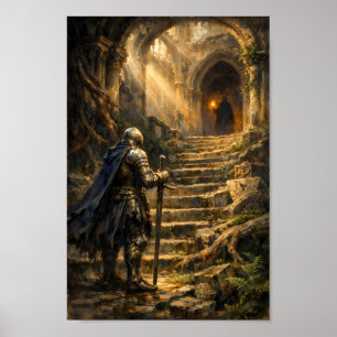 Armoured Knight Facing Cloaked Figure in temple Poster