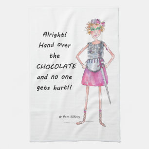 Armoured Red Watercolor Figure Demands Chocolate Tea Towel