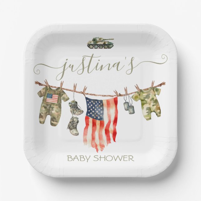 Army American Flag Baby Shower Clothesline Paper Plate (Front)