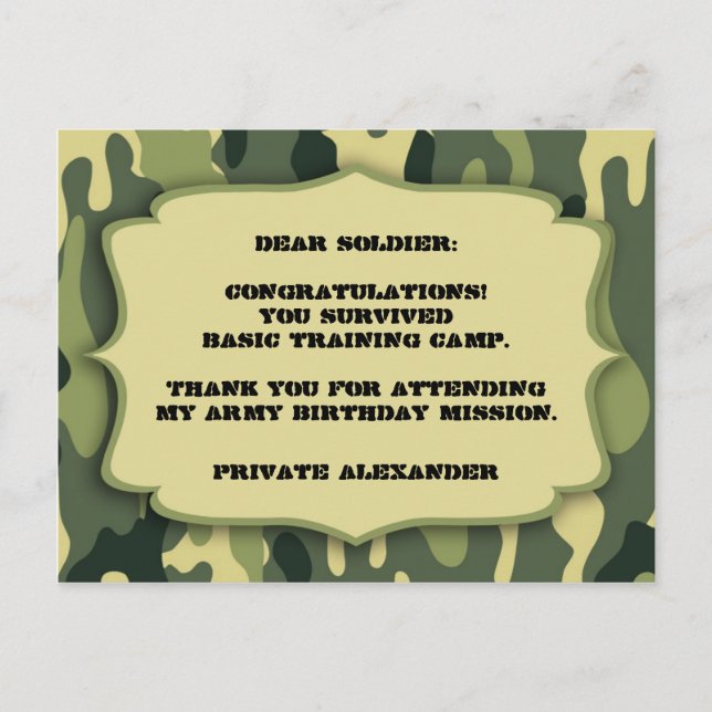Army Camo Birthday party thank you note Postcard (Front)
