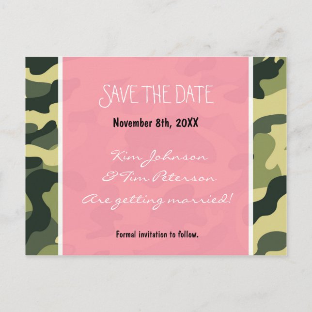 Army Camo Camouflage & Pink Postcard Save The Date (Front)