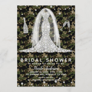 Army Camo Diamond Wedding Dress Bridal Shower Invitation