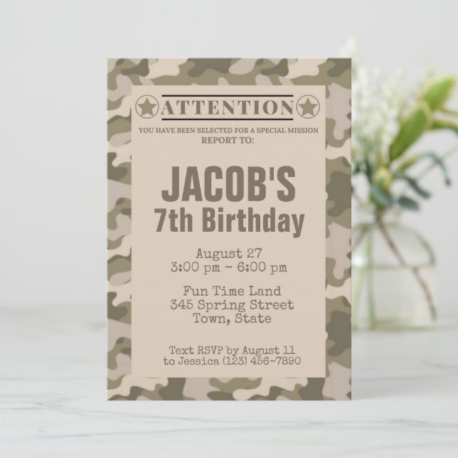 Army Camo Themed Birthday Invites (Standing Front)