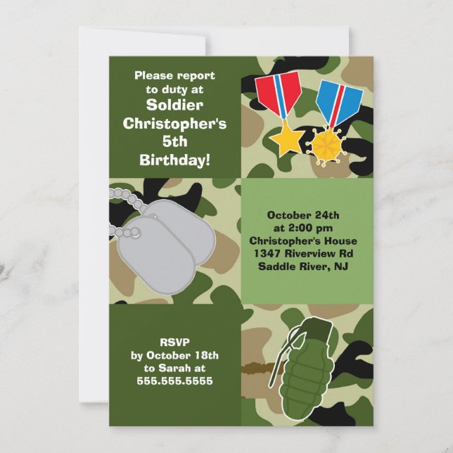 Army Camouflage Soldier Kids Birthday Party Invitation (Front)