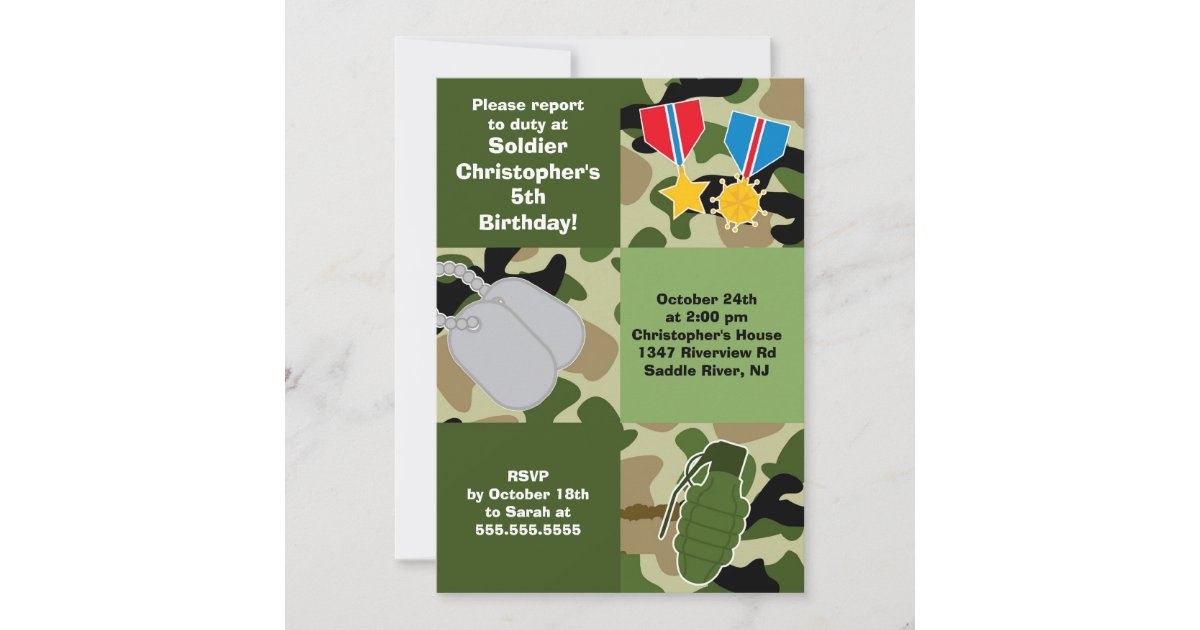 Army Camouflage Soldier Kids Birthday Party Invitation Zazzle