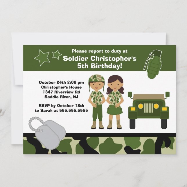 Army Camouflage Soldier Kids Birthday Party Invitation (Front)