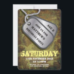 Army Dog Tags Rustic Kids Birthday Invitation<br><div class="desc">Personalized kids army birthday invitations with a rustic camouflage background and a soldiers dog tag with the kids name inside and military style fonts,  customize the details on the right side of the screen with your own information.</div>