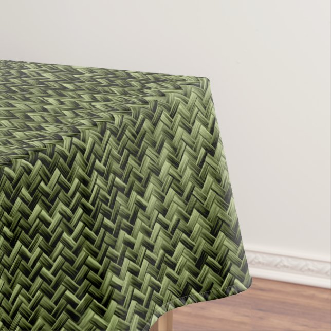 Army Green Basket Weave Geometric Pattern Tablecloth (In Situ)