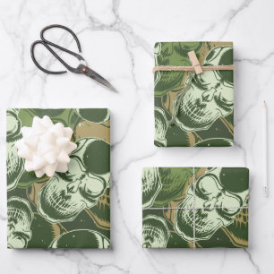 Army Green Camo Skull Pattern Wrapping Paper Sheet