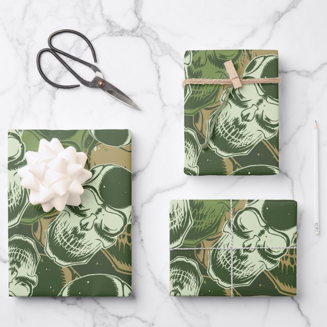 Army Green Camo Skull Pattern Wrapping Paper Sheet (Front)