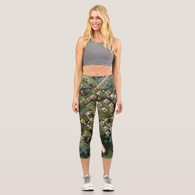 Army Green Circuit Board Camo High Waisted Capris (Front)