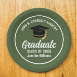 Army Green Graduate Custom 2024 Graduation Party Paper Plate<br><div class="desc">This army green custom graduation party paper plate features classy typography of your military academy,  high school,  or college name for the class of 2024. Customise with your graduating year under the chic white handwritten script and black grad cap for great personalised graduate decor.</div>