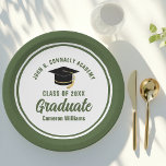 Army Green Graduate Military Graduation Party Paper Plate<br><div class="desc">This white and army green custom graduation party paper plate features classy typography of your military academy,  high school,  or college name for the class of 2025. Customise with your graduating year under the chic white handwritten script and black grad cap for great personalised graduate decor.</div>