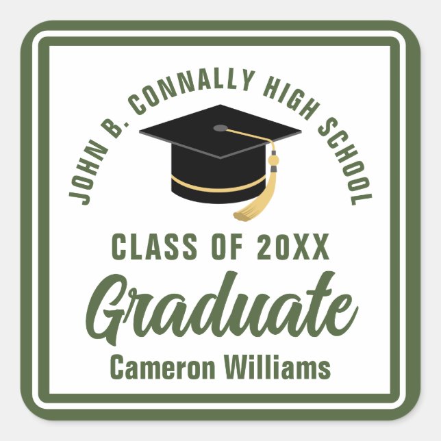 Army Green Graduate Personalised Graduation Party Square Sticker (Front)